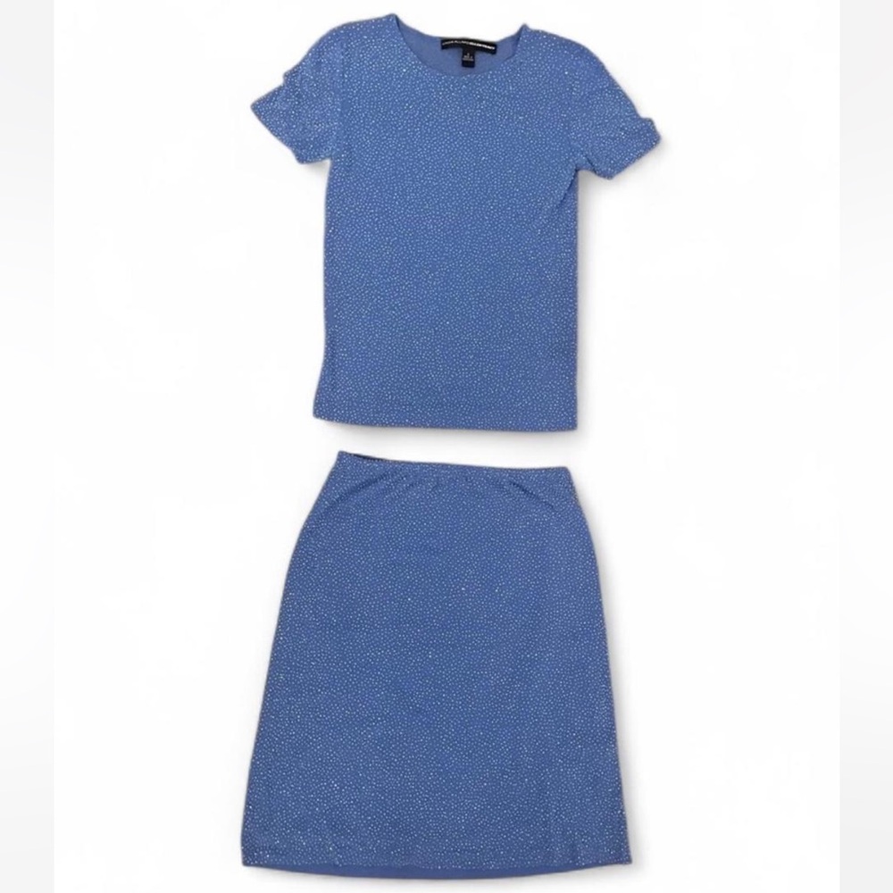 Vintage blue beaded/sequence two piece short sleeve top and mini skirt sheer set